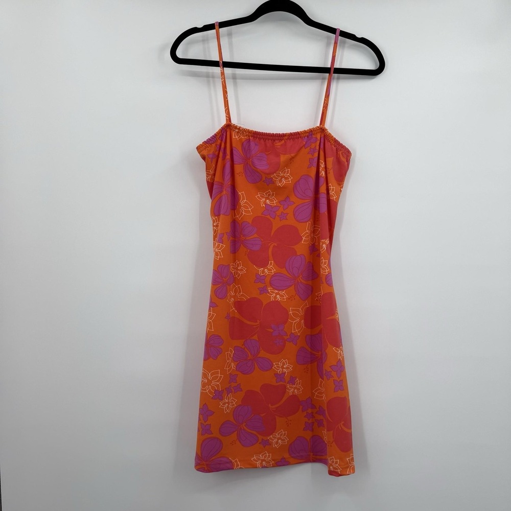 Miken Dress Womens XL Orange Floral Slip Dress Knee Length Jersey Stretch Casual